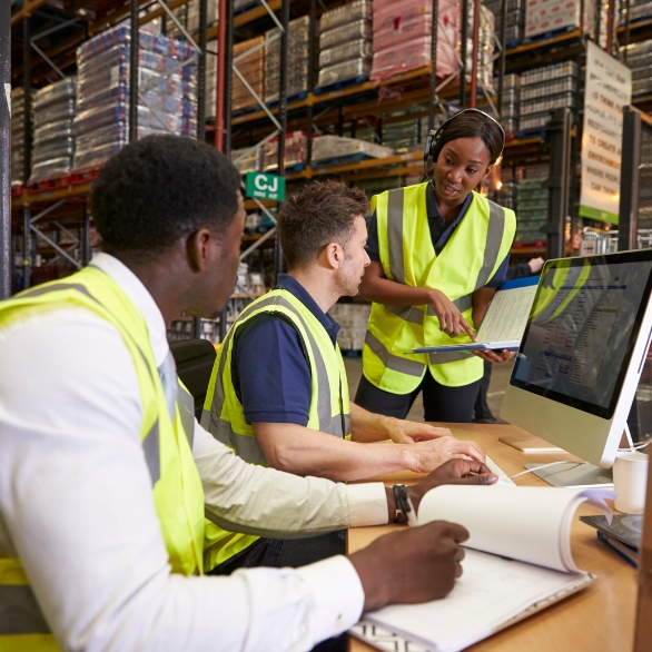 two men and a woman in a warehouse working on documents, export certificates requirements for international trade
